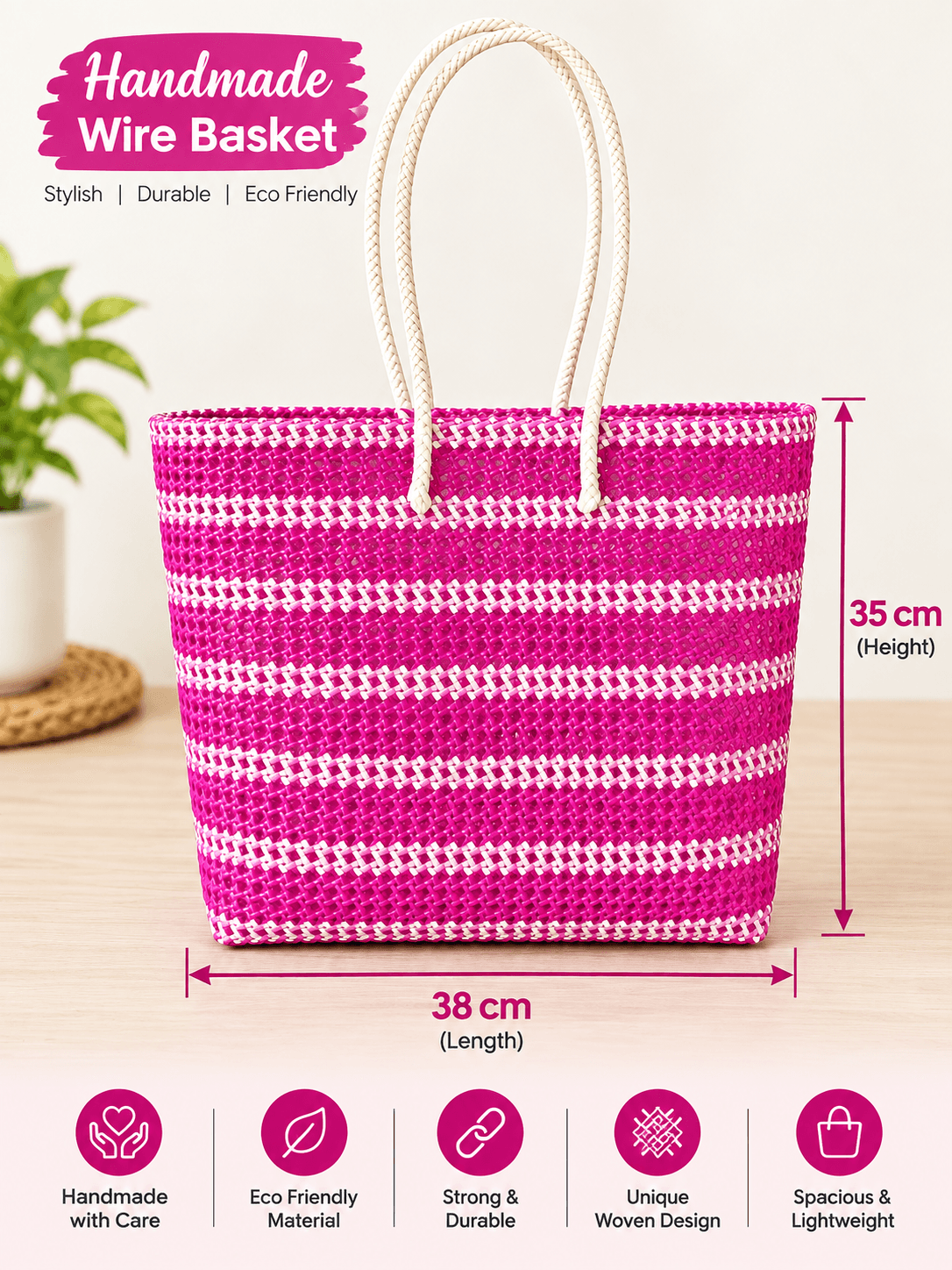 Deluxe pink and white large size handmade wire baskt 38*35 cm premium quality 2