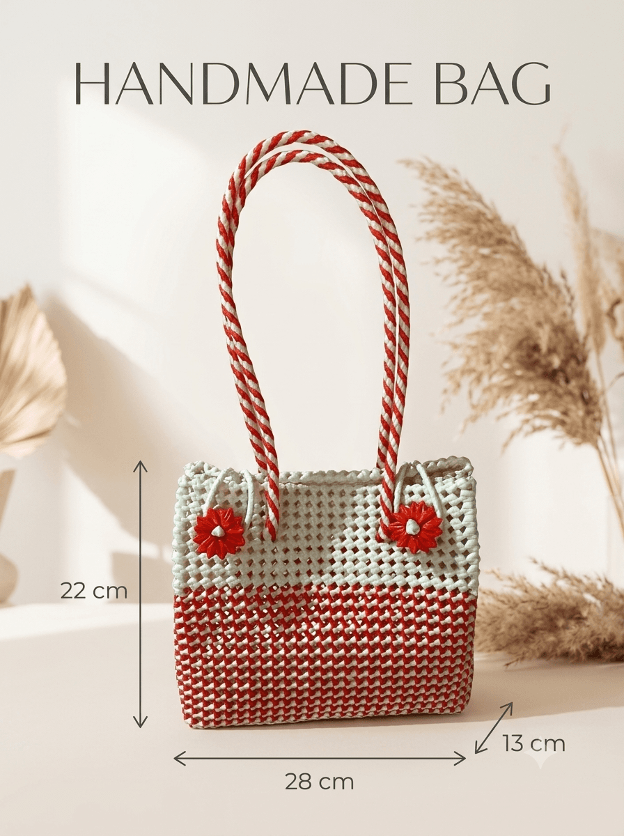 Deluxe Premium Handmade Wire Woven Bags | Traditional Plastic Wire Handbags | Reusable Shopping & Gift Bags | KMC Iyarkai Creation |Red white side closed type 1
