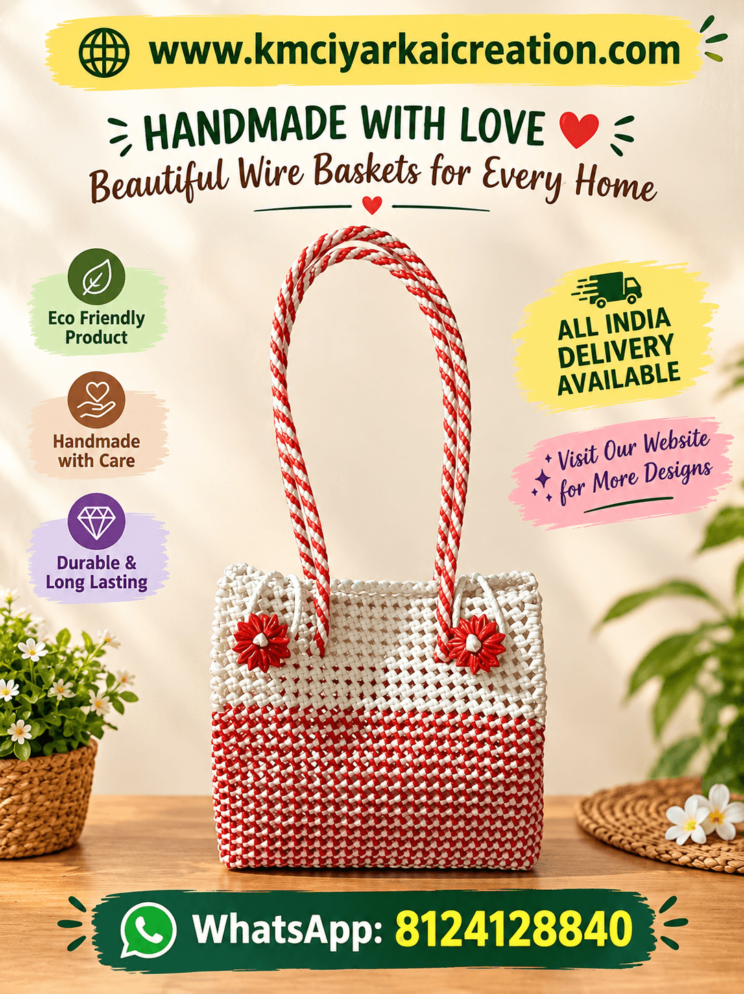 Deluxe Premium Handmade Wire Woven Bags | Traditional Plastic Wire Handbags | Reusable Shopping & Gift Bags | KMC Iyarkai Creation |Red white side closed type 2