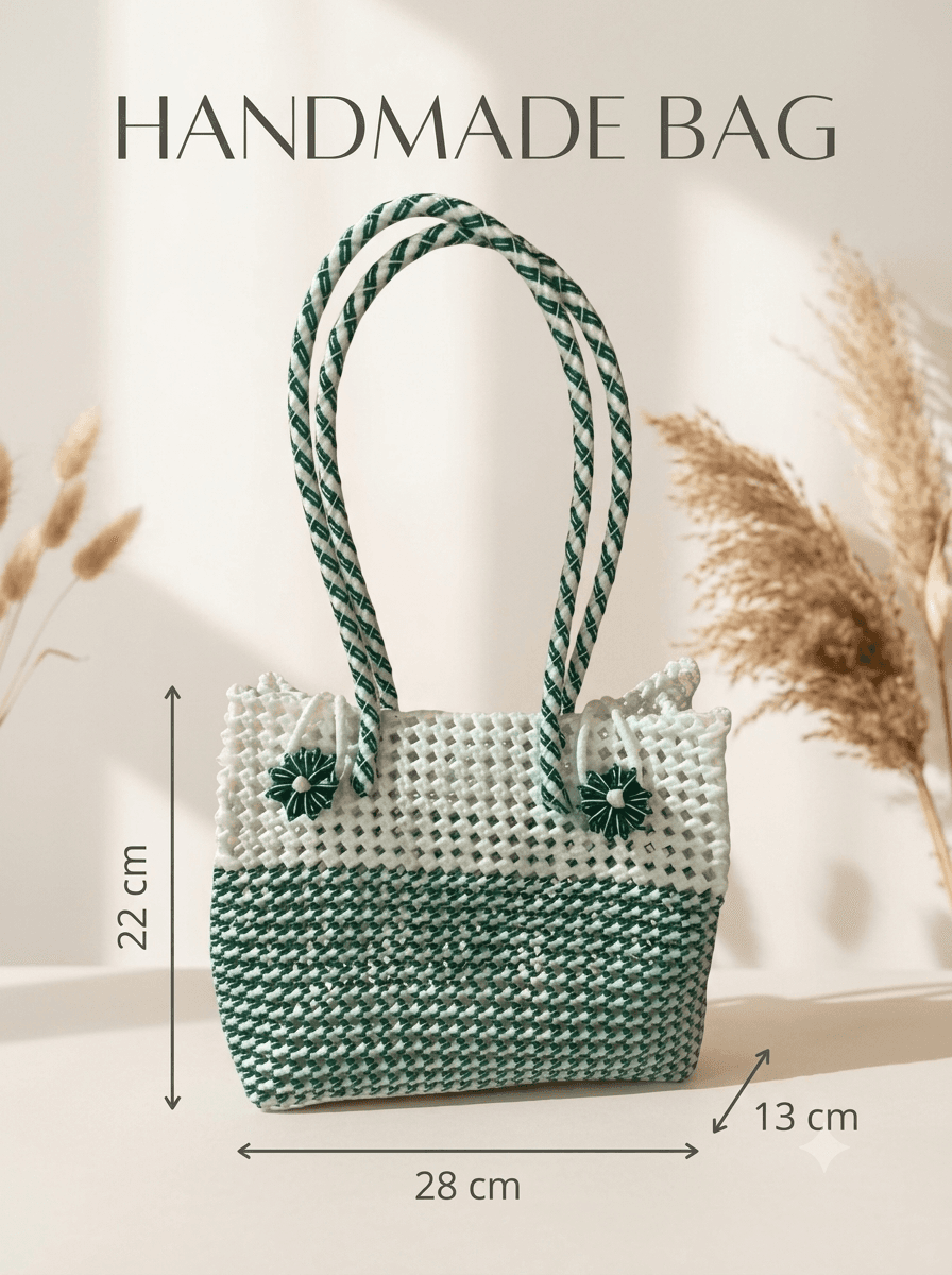 Deluxe Premium Handmade Wire Woven Bags | Traditional Plastic Wire Handbags | Reusable Shopping & Gift Bags | KMC Iyarkai Creation |Green white side closed type