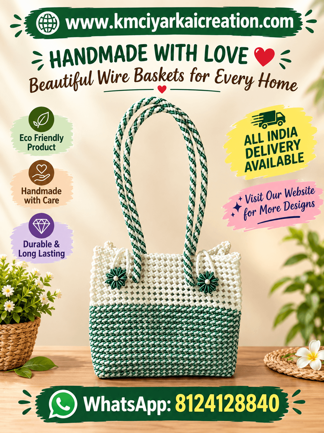 Deluxe Premium Handmade Wire Woven Bags | Traditional Plastic Wire Handbags | Reusable Shopping & Gift Bags | KMC Iyarkai Creation |Green white side closed type 2