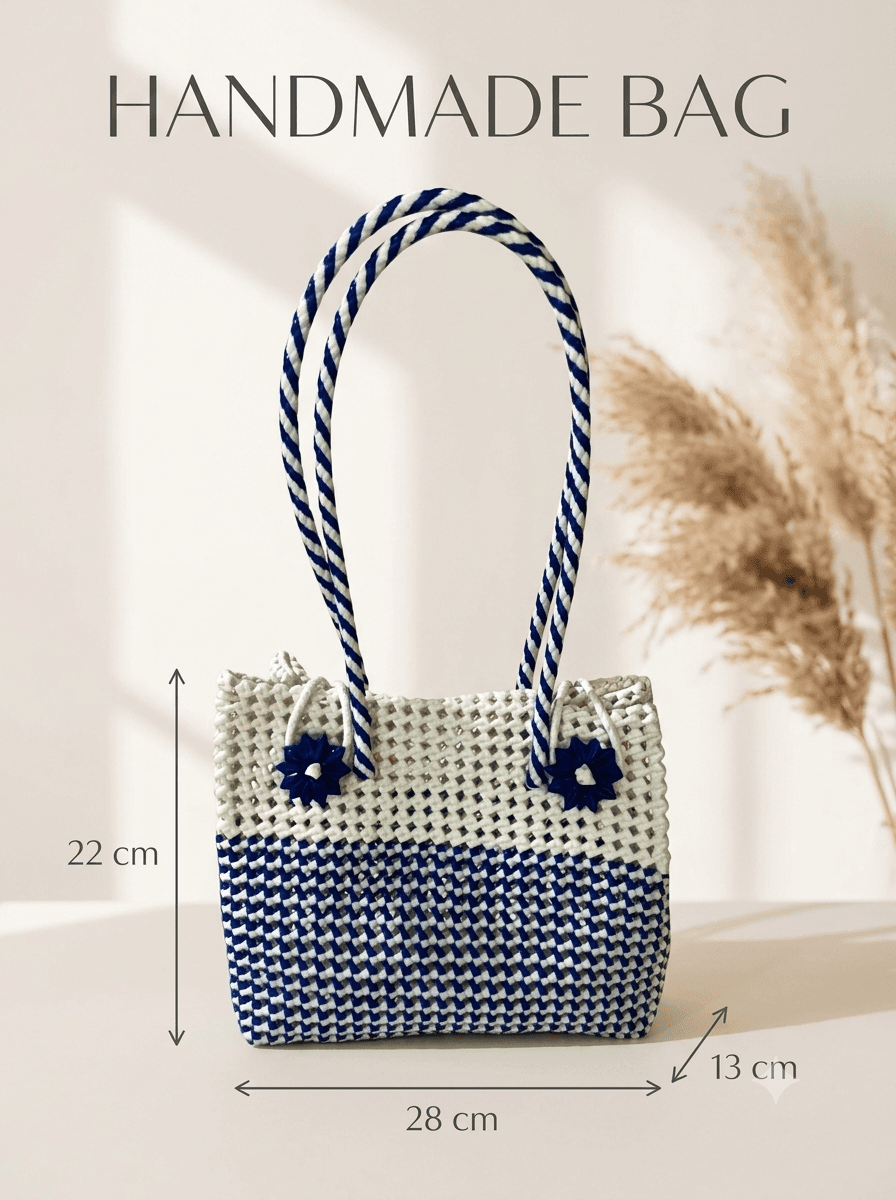 Deluxe Premium Handmade Wire Woven Bags | Traditional Plastic Wire Handbags | Reusable Shopping & Gift Bags | KMC Iyarkai Creation |Blue white side closed type