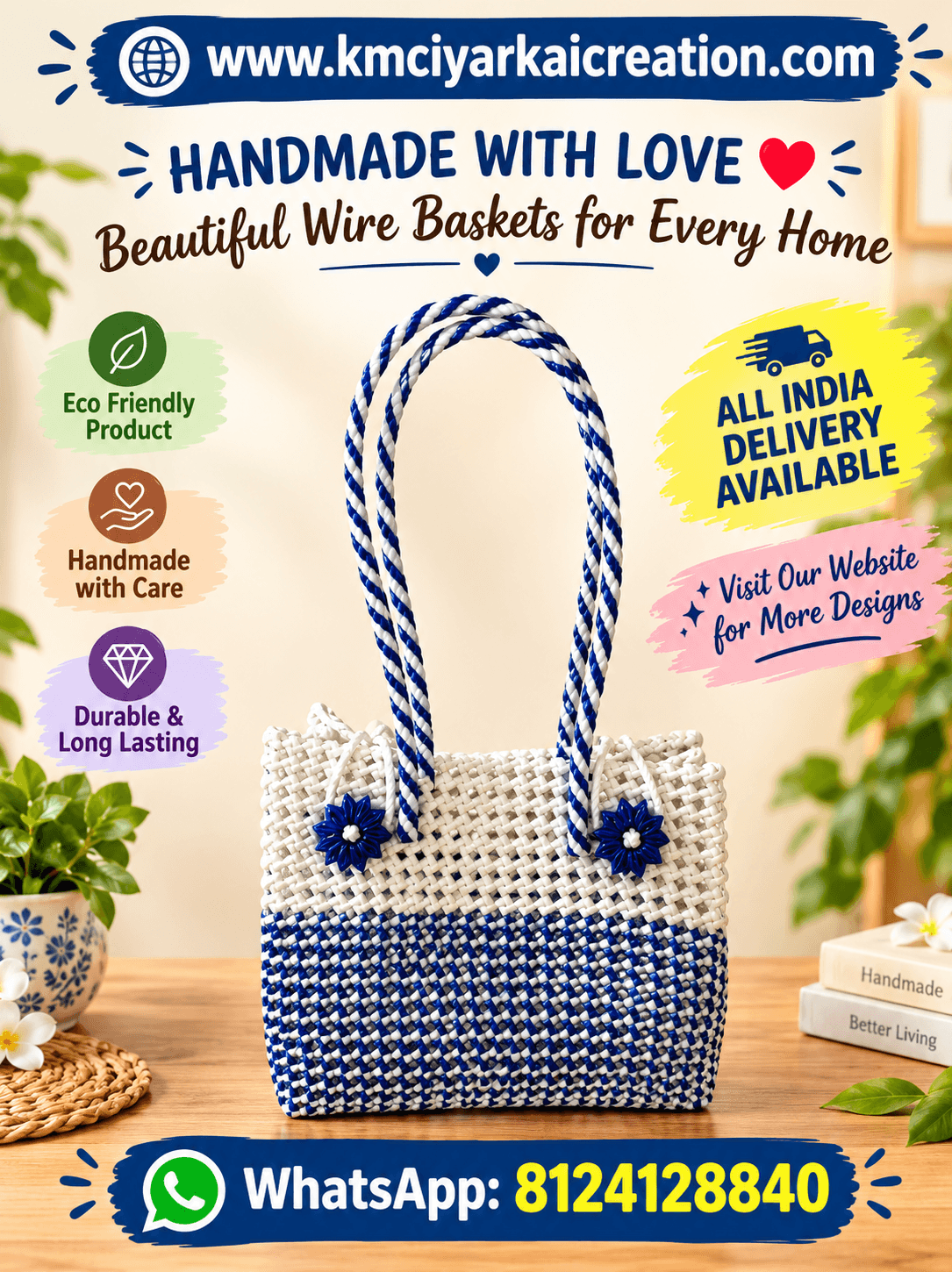 Deluxe Premium Handmade Wire Woven Bags | Traditional Plastic Wire Handbags | Reusable Shopping & Gift Bags | KMC Iyarkai Creation |Blue white side closed type 2