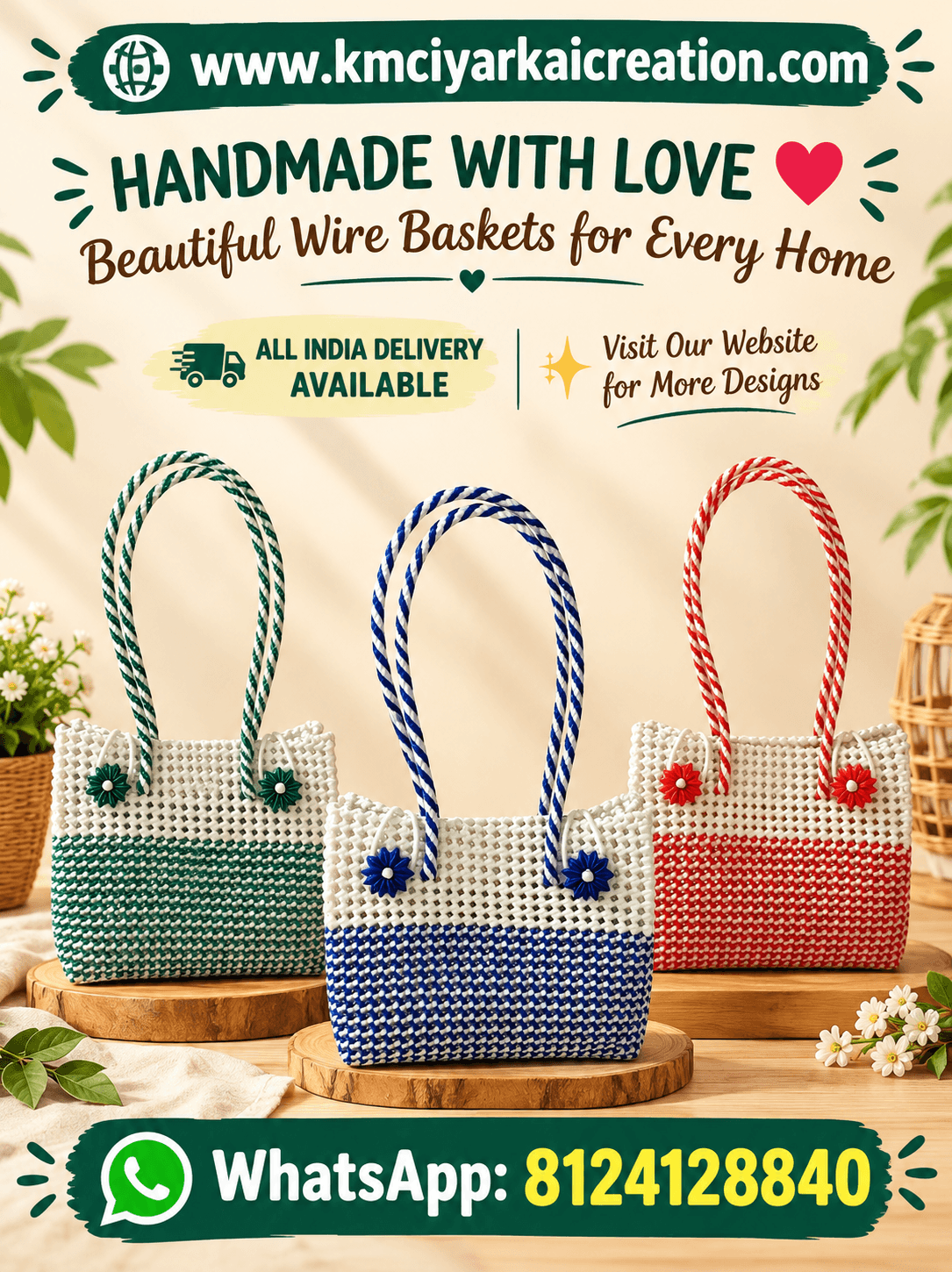 Deluxe Premium Handmade Wire Woven Bags | Traditional Plastic Wire Handbags | Reusable Shopping & Gift Bags | KMC Iyarkai Creation |Blue white side closed type 3