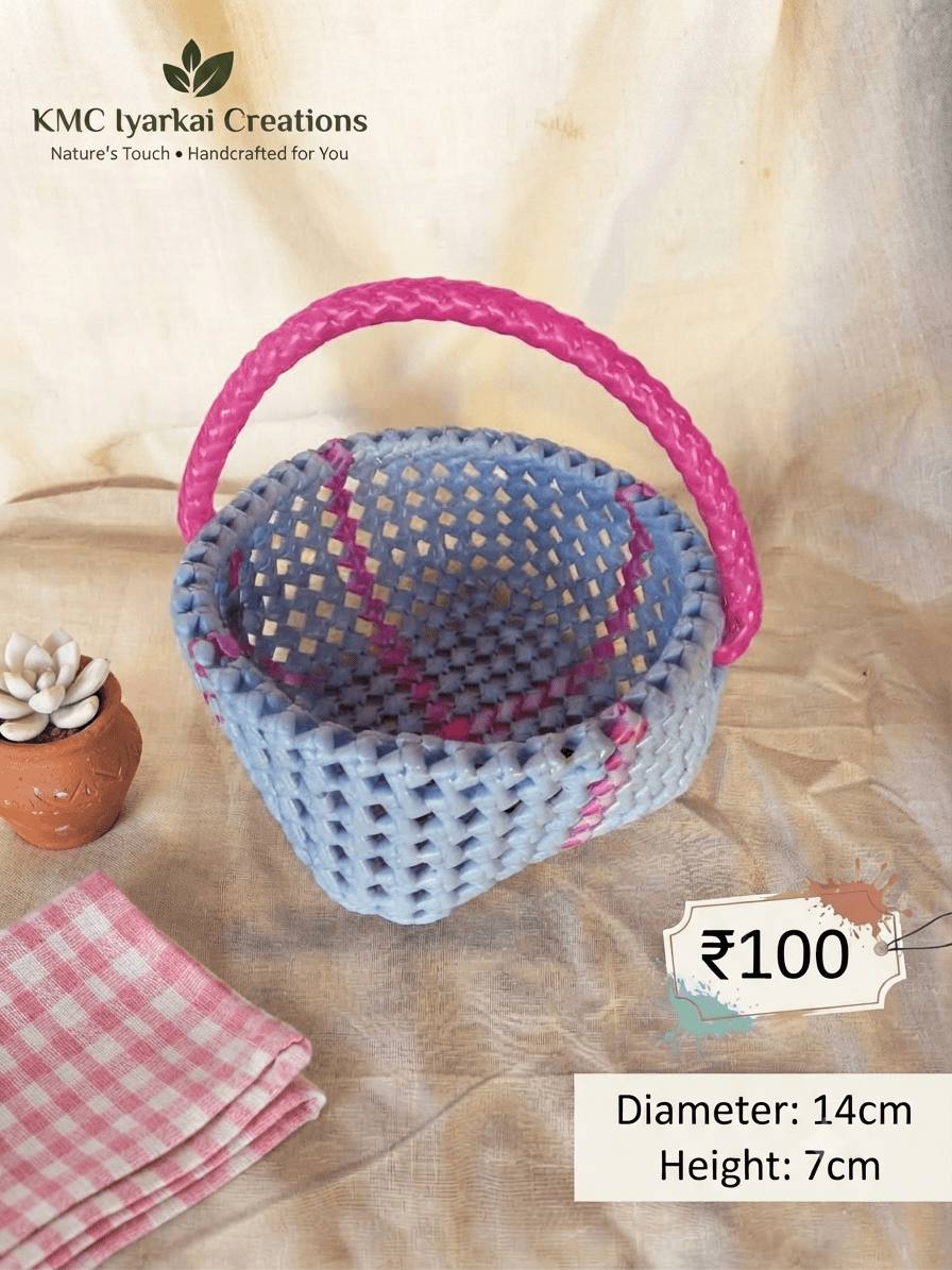 Deluxe pooja basket 14cm x 7 cm baby blue and pink colour handle premium quality 1
